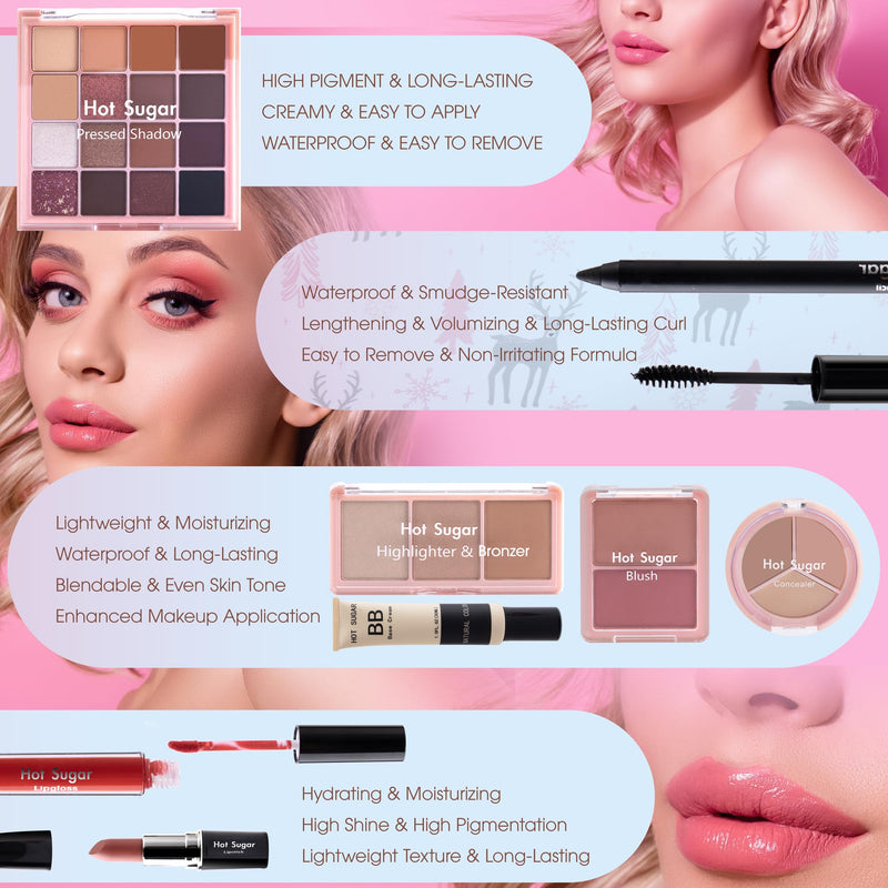 [Australia] - Hot Sugar Travel Makeup Kit All in One, Makeup Kit for Women Full Kit, Makeup Gift Set for Beginners and Professionals with Cosmetic Bag (Pink) Pink 