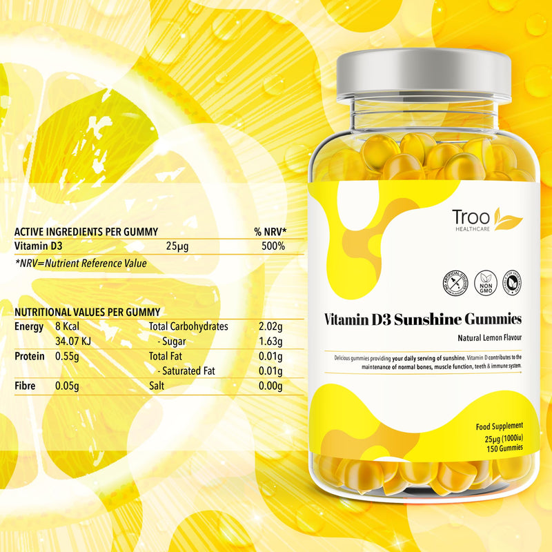 Troo Health Care Vitamin D3 Gummies (1000iu) - Natural Lemon Flavoured - 150 Count for Teens & Adults - 5 Month Supply - Non-GMO, Supports Immune Function, Bone & Teeth Health 150 count (Pack of 1)
