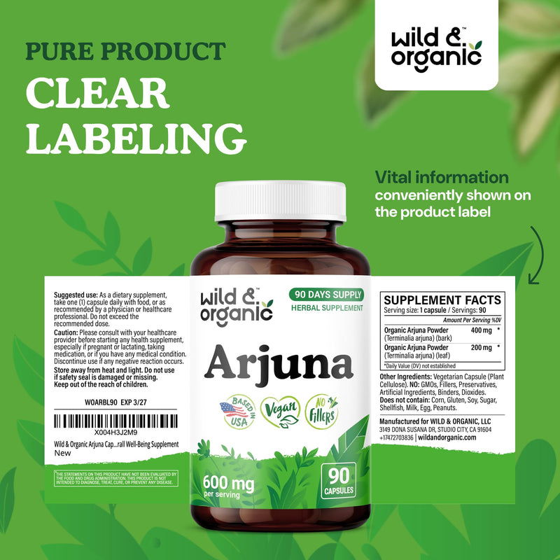 [Australia] - Wild & Organic Arjuna Capsules - Overall Support - Arjuna Bark Powder Supplement - 90 Herbal Capsules - 90 Days of Supply - Terminalia Bark & Leaf Extract - Vegan, No Fillers, Non-GMO 