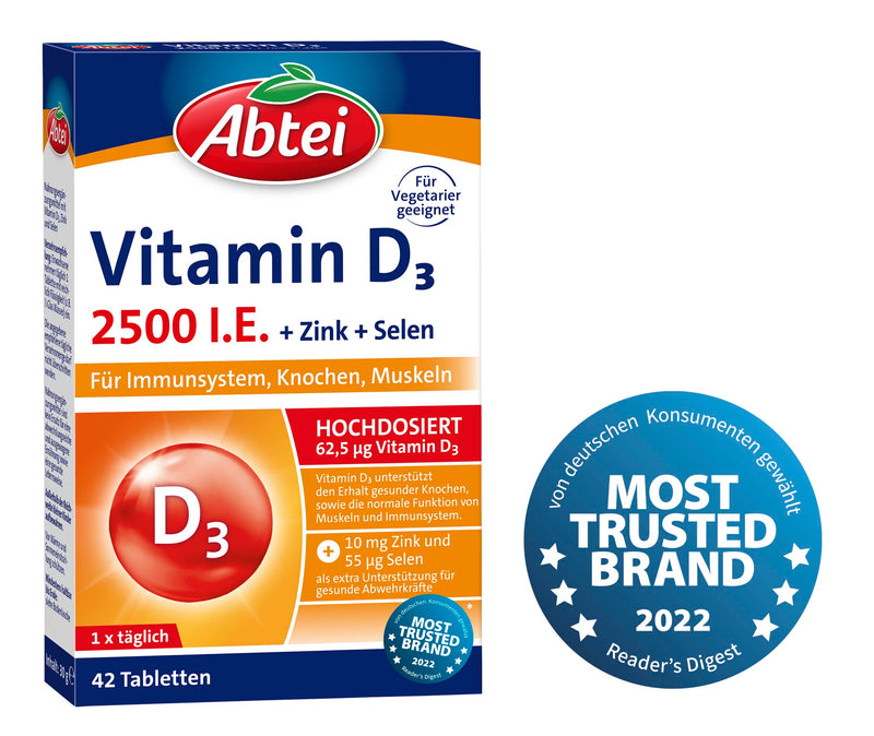 [Australia] - Abtei Vitamin D3 Forte Plus - with zinc and selenium to maintain healthy bones, teeth and support the immune system - 42 tablets 53 g, number of pieces 1 30 g (pack of 1) 