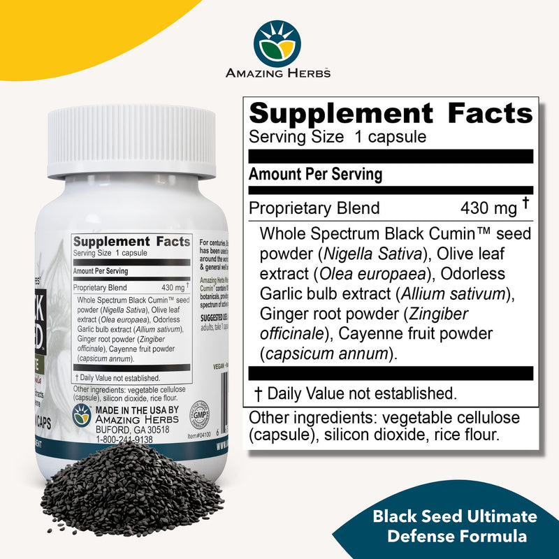 [Australia] - Amazing Herbs Whole Spectrum Black Seed Ultimate, Vegetarian Capsules - Olive Leaf & Garlic Extracts Plus Ginger & Cayenne, Gluten Free, Non GMO, Vegan - 100 Count 