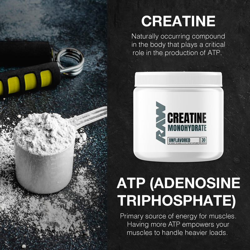 [Australia] - RAW Nutrition Creatine Monohydrate Powder, Unflavored (30 Servings) - Micronized Creatine Monohydrate Supplement for Workout Performance, Build Muscle & Strength - Creatine Powder for Men & Women 