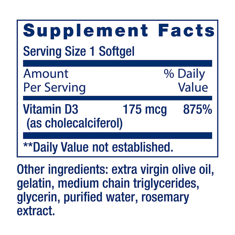 Life Extension Vitamin D3 175 mcg (7000 IU), Immune System Support, Bone Health, Brain Performance, Gluten-Free, Non-GMO, Once Daily, Two-Month Supply, 60 softgels | Bone Health, Cognitive Health & Immune System Support, Gluten-Free & Non-GMO, Once Dai...