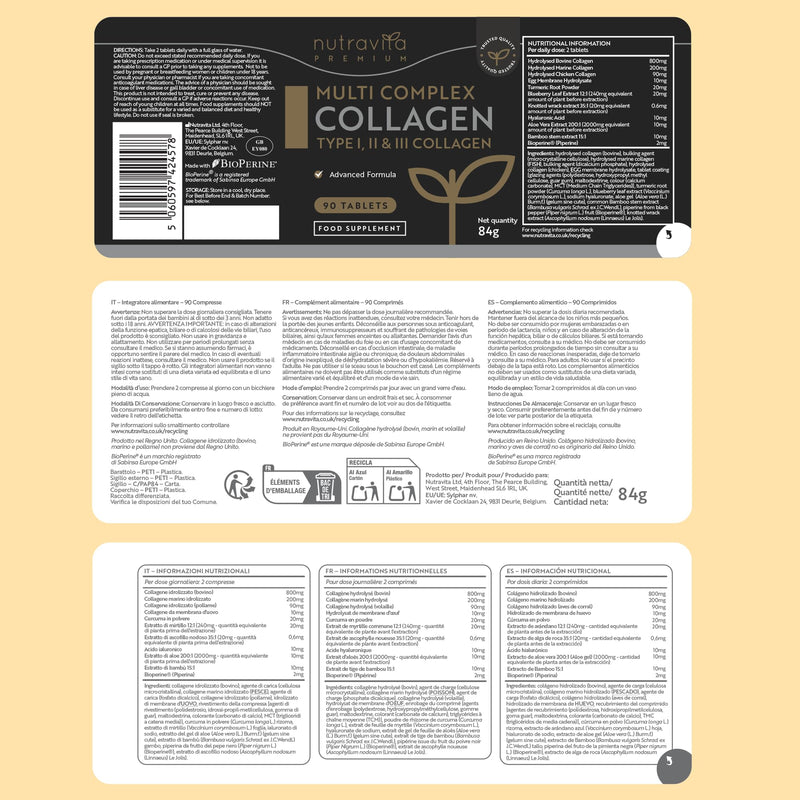 Nutravita Premium Multi Collagen Protein Tablets with Type I, II, III - Includes Hydrolysed Grass Fed Bovine Collagen, Marine Collagen, Hyaluronic Acid, Turmeric - 90 Tablets - Made in The UK