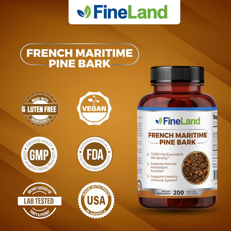 [Australia] - FineLand French Maritime Pine Bark 30:1 Extract Max Strength, 450 mg Per Capsule, Antioxidant, 200 Veggie Caps of Pine Bark Supplement for 200 Days, 100% Natural 