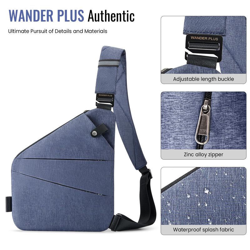 WANDER PLUS® Anti Theft Crossbody Travel Bag for Women Men, Multi-Pocket Crossbody Bag, Slim Sling Bag Blue