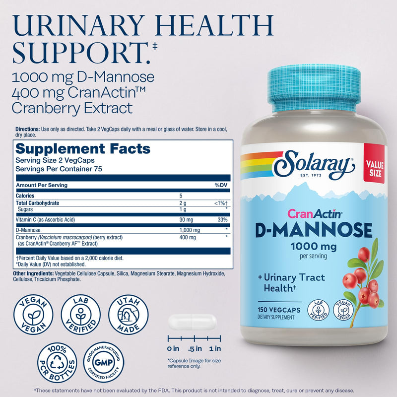 [Australia] - SOLARAY D-Mannose with CranActin Cranberry Supplement 1000mg, Urinary Tract Health & Bladder Support Capsules with Vitamin C, Vegan, 60 Day Guarantee, 75 Servings, 150 VegCaps 150 Count (Pack of 1) 