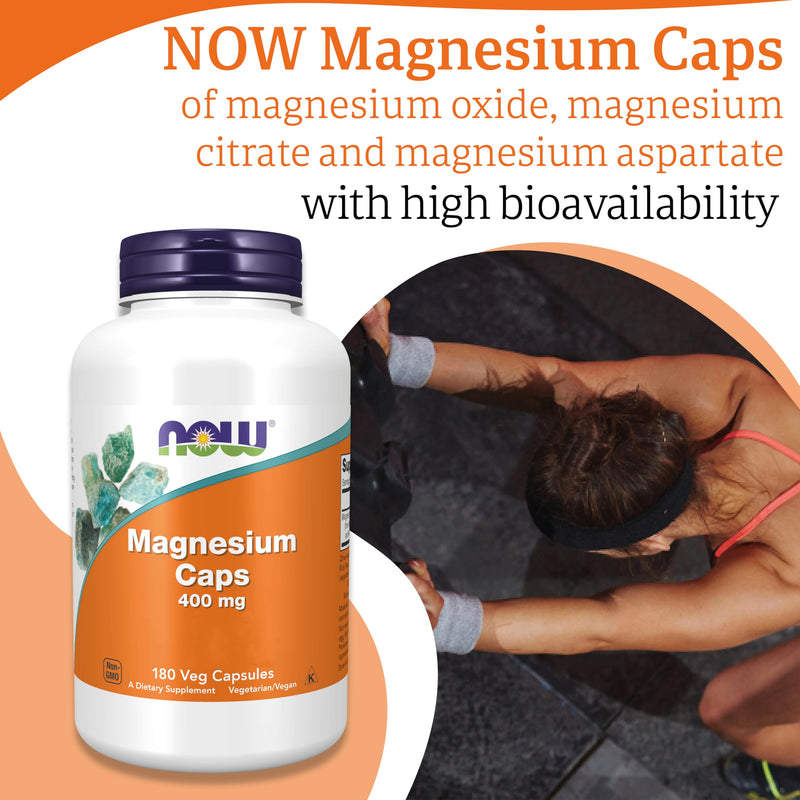 Now Foods, Magnesium Caps, 400mg, 180 Vegan Capsules, Minerals, Gluten Free, SOYA Free, Vegetarian
