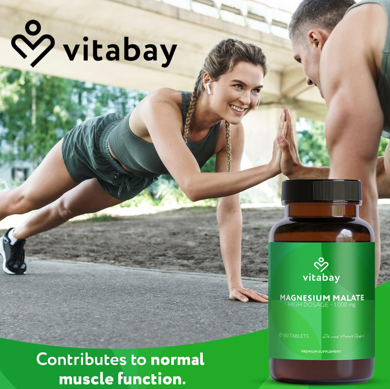 Vitabay Magnesium Malate 1000 mg High Strength – 180 Vegan Tablets – Energy Metabolism, Fatigue & Muscle Function – Laboratory Tested in Germany – No Additives – 6 Month Supply