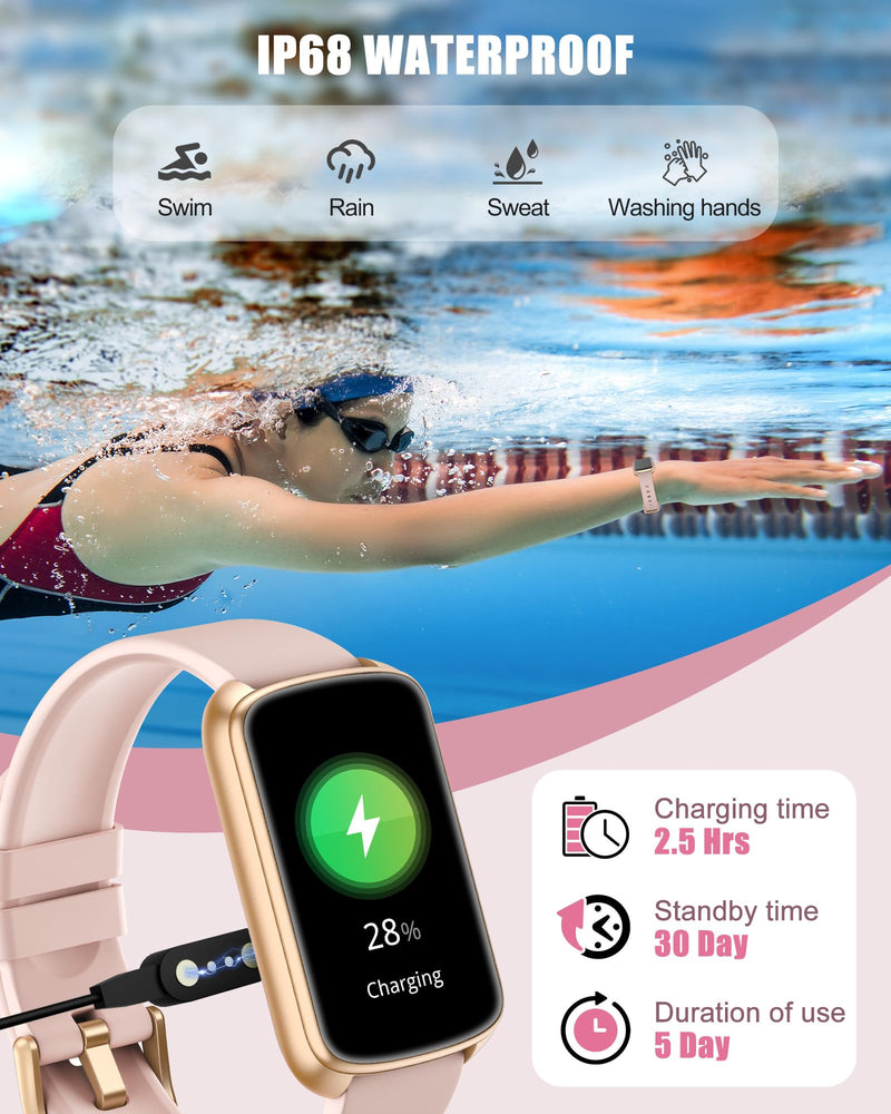[Australia] - Fitness Tracker, Smart Watch for Women Men with 24/7 Heart Rate/Blood Pressure/Blood Oxygen Monitor,Sleep Tracker,Step & Calorie Counter, IP68 Waterproof Fitness Watches Compatible with Android&iPhone Pink 