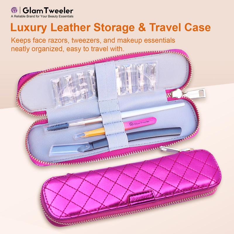 Women's Dermaplane Face & Eyebrow Razor Kit with GlamTweeler Slant Tweezers, Spoolie Brush, and Luxury Leather Storage & Travel Case + 10 Refill Blades (Black) Black
