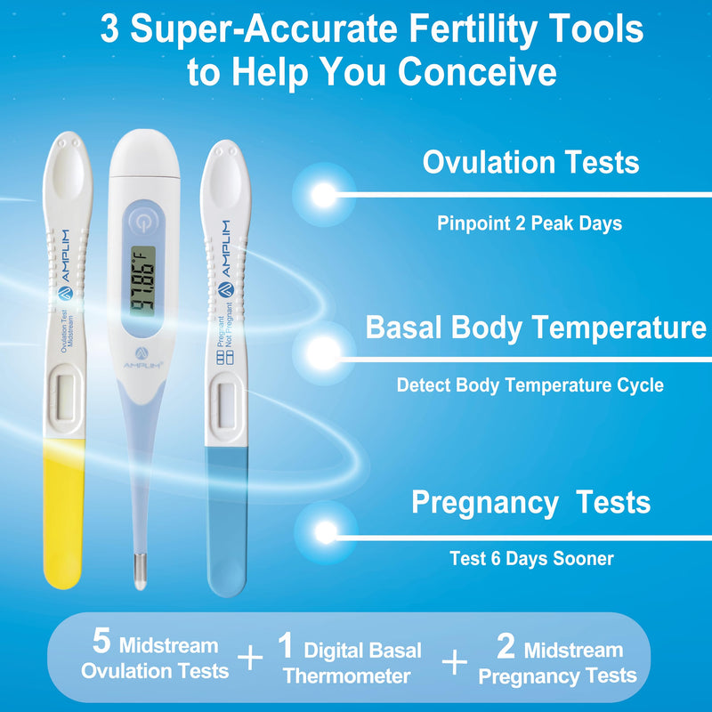 [Australia] - AMPLIM 99.99% Accurate HCG Pregnancy (Early Detection 10mIU/mL), LH Ovulation Midstream Tests, 0.01F Precision Digital Basal Temperature, 2-sec Easy Home Use, 5-min Results, 8-Pack 1 Count (Pack of 8) 