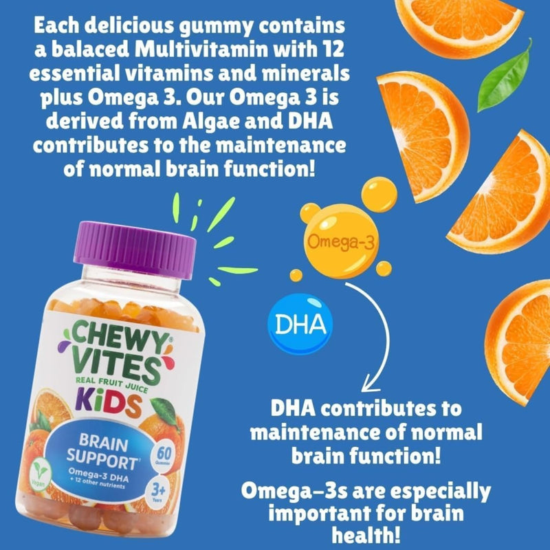 Chewy Vites Kids Brain Support, 60 Kids Vitamins Gummies, Vegan Omega 3 DHA, 13 Essential Vitamins & Minerals, 1 Months Supply, Real Fruit Juice, Age 3 +, Orange Flavour 60 count (Pack of 1)
