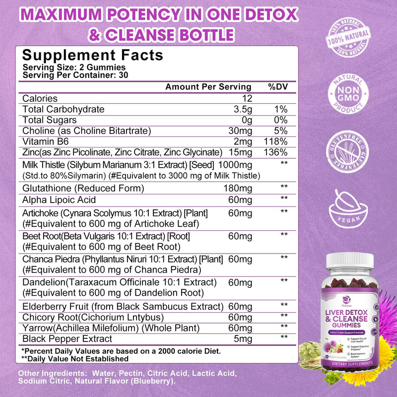 Liver Cleanse Detox & Repair Gummies - Extra Strength 14 in 1 Liver Support Supplement w/Milk Thistle Silymarin,Dandelion, Artichoke Extract & Elderberry -No Sugar, Liver Health Supplement -120 Ct