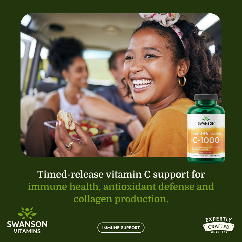 Swanson Timed-Release Vitamin C with Rose Hips 1000 mg, 250 Tablets, 1 Pack | Timed-Release Vitamin C with Rose Hips for Immune, Skin and Cardiovascular Health; Antioxidant Support Throughout the Day 250 Count (Pack of 1)