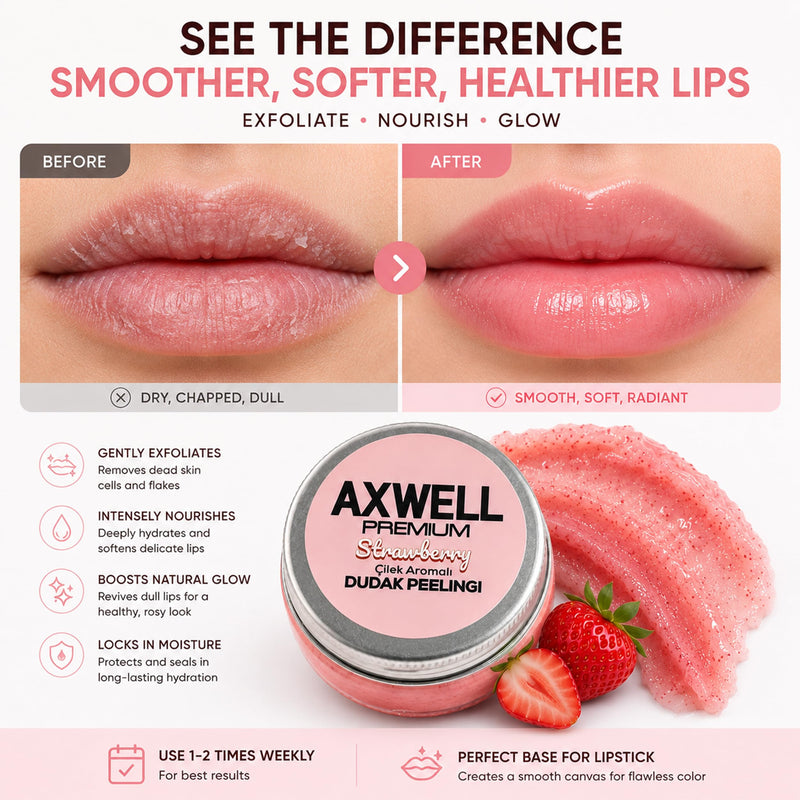 Axwell Premium Lip Scrub – Lip Exfoliator Scrub & Lip Scrubber Exfoliator for Dry Cracked Lips – Strawberry Lip Moisturizer for Very Dry Lips – Vitamin E Almond Oil Lip Balms & Moisturizers 1 fl oz