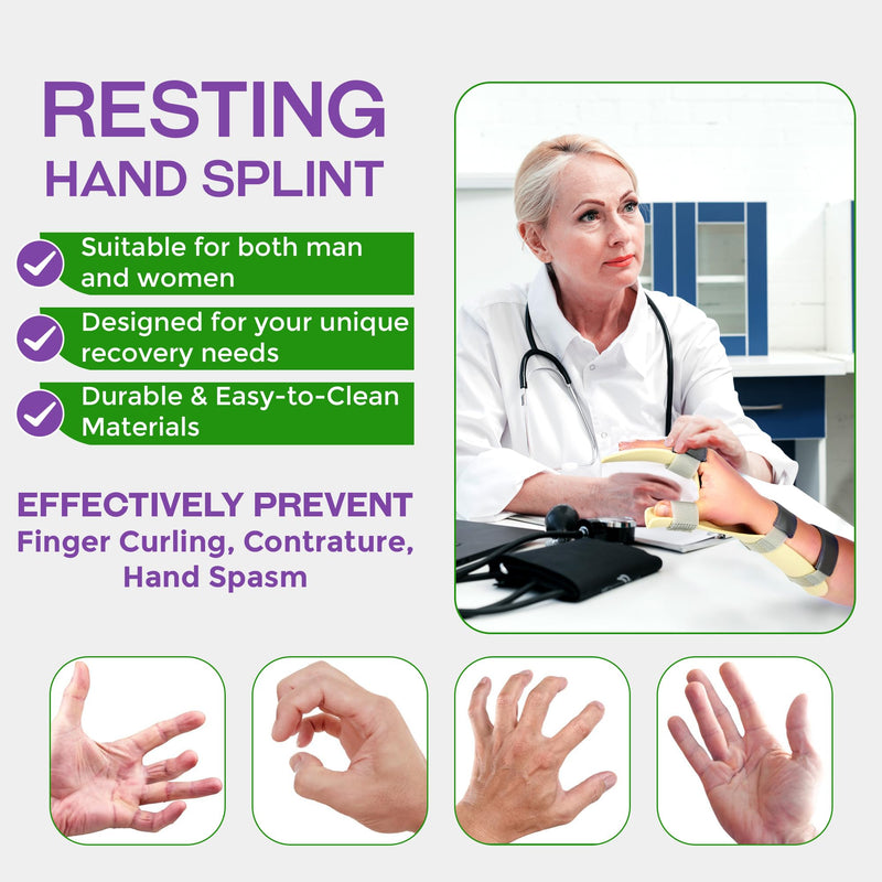 Resting Hand Splint for Stroke Recovery – Night Wrist & Finger Brace for Flexion Contractures, Arthritis, Carpal Tunnel Relief – 5-Finger Stabilizer with Exercise Band & Instructions (Large Right)