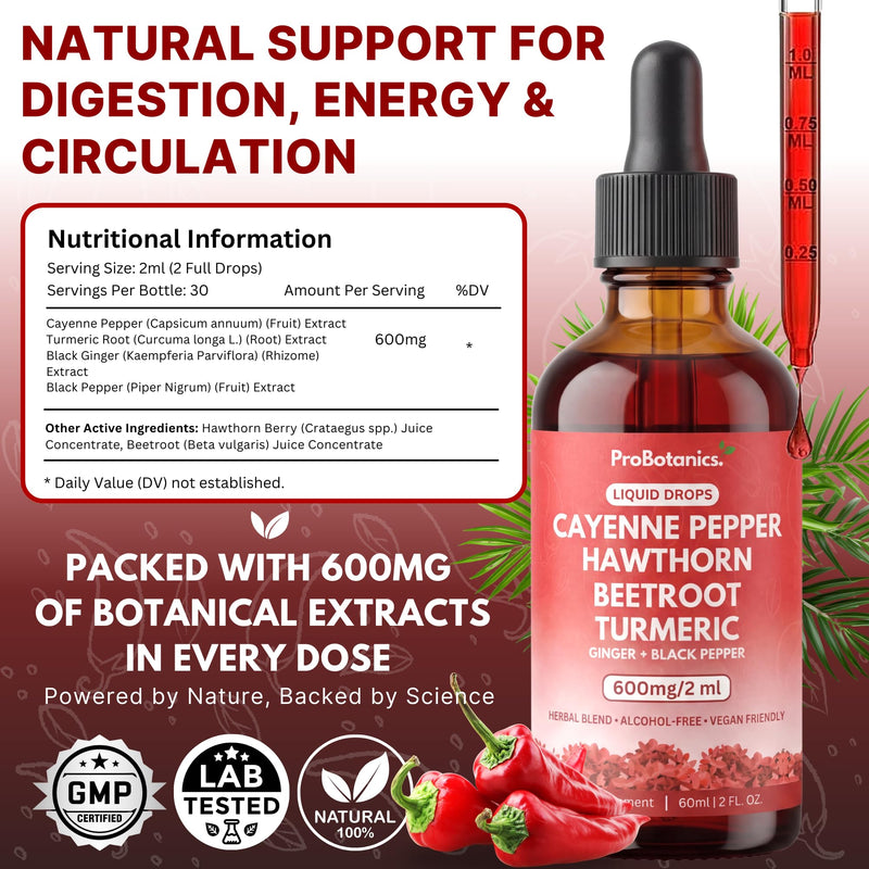 Cayenne Pepper Drops Liquid Extract Supplement | Hawthorn Berry, Turmeric Curcumin, Beet Root, Ginger, Black Pepper for Circulation, Energy and Digestive Health | Alcohol-Free - 60ml