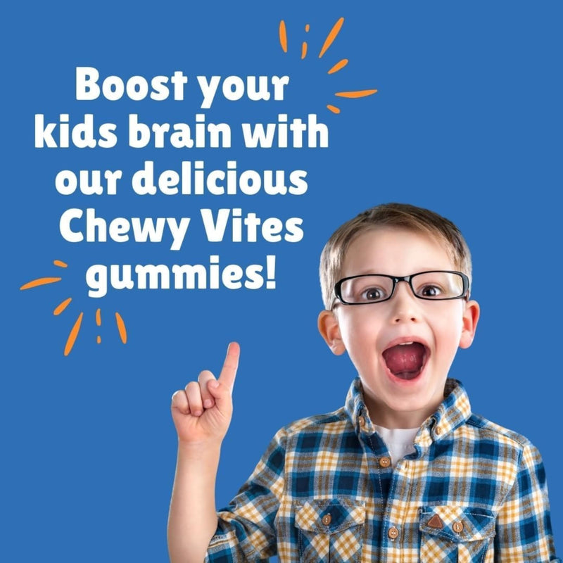 Chewy Vites Kids Brain Support, 60 Kids Vitamins Gummies, Vegan Omega 3 DHA, 13 Essential Vitamins & Minerals, 1 Months Supply, Real Fruit Juice, Age 3 +, Orange Flavour 60 count (Pack of 1)
