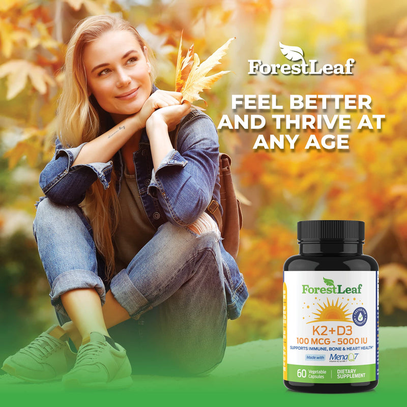 ForestLeaf Vitamin D3 + K2 (MK7) Supplement - MenaQ7 - Calcium and Vitamin D3 5000 IU Max Absorption - Teeth and Bone Strength, Heart Health, Immune System Support - 60 Veggie Capsules 5,000 IU - D3+K2 - 60 Count