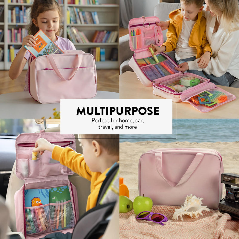 Kids Travel Organizer – Multi-Compartment, Water-Resistant Hanging Bag for Toys, Snacks, & Activities - Compact, Lightweight Design with Hook & Carry Handle - Perfect for Travel Use (Pink, Large) Pink