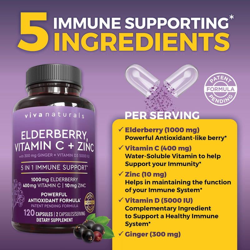 Viva Naturals Elderberry with Vitamin C and Zinc for Adults - 5 in 1 Sambucus Black Elderberry Capsules with Vitamin D3 5000 IU Immunity Supplement, Sambucus Elderberry Immune Support Supplement 120 Count (Pack of 1)