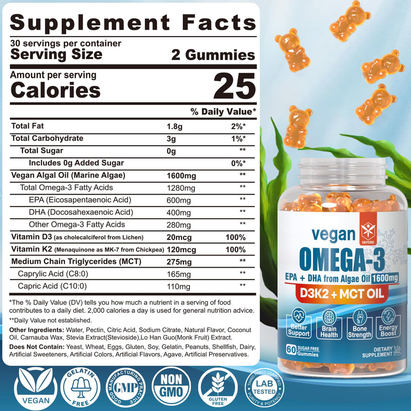 [Australia] - Vegan Omega 3 Gummies 1280mg + Vitamin D3 K2 (MK7), Omega 3 Fish Oil Alternative for Adults, w/Algae EPA 600mg & DHA 400mg, MCT Oil - No Fish Taste - for Brain, Eye, Immune Health, Sugar Free, 2 Pack 60 Count (Pack of 2) 