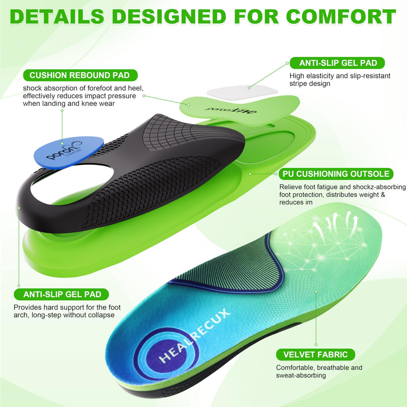 [Australia] - Plantar Fasciitis Insoles Shoe Inserts for Men Women, 240lbs Heavy Duty Arch Support Inserts for Pain Relief, Work Boot Orthotics Insoles for Standing All Day, L Green L(Men 9.5-10.5/Women 10.5-11.5)--290mm 
