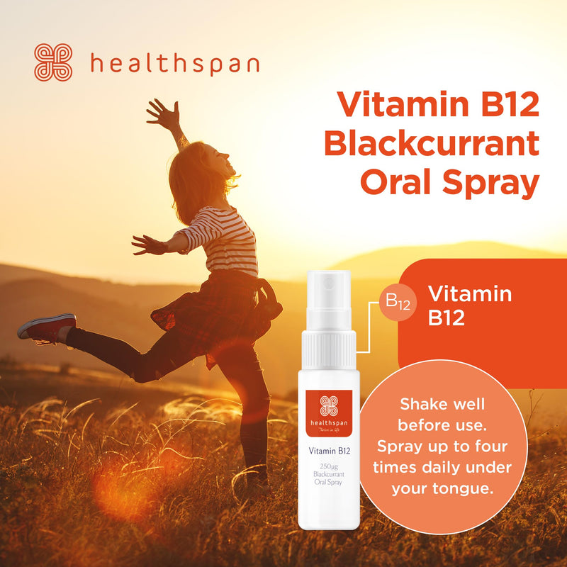 Healthspan Vitamin B12 Oral Spray, Blackcurrant Flavour, 250 µg, Vegan, Energy and Immune Support, 15 ml