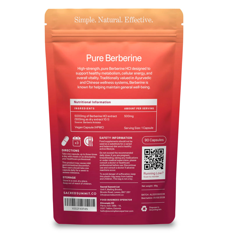Pure Berberine 500mg – 10:1 Extract (5000mg Equivalent) – Vegan Capsules – Premium Plant-Based Supplement for Everyday Balance and Vitality – 90 Capsules