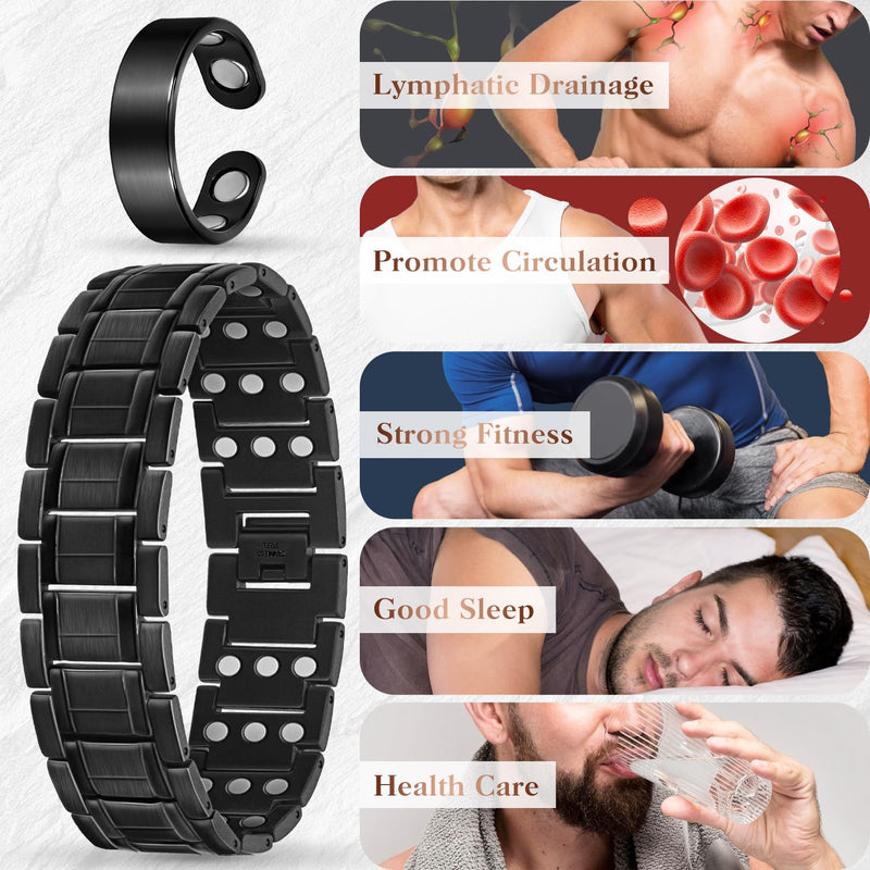 [Australia] - Mahnco Copper Bracelet for Men with Triple-Row Strong Magnets Magnetic Bracelets & Lymphatic Drainage Ring Set with Adjustable Sizing Tool, Magnetic Jewelry Gift (Black) Black-3X 