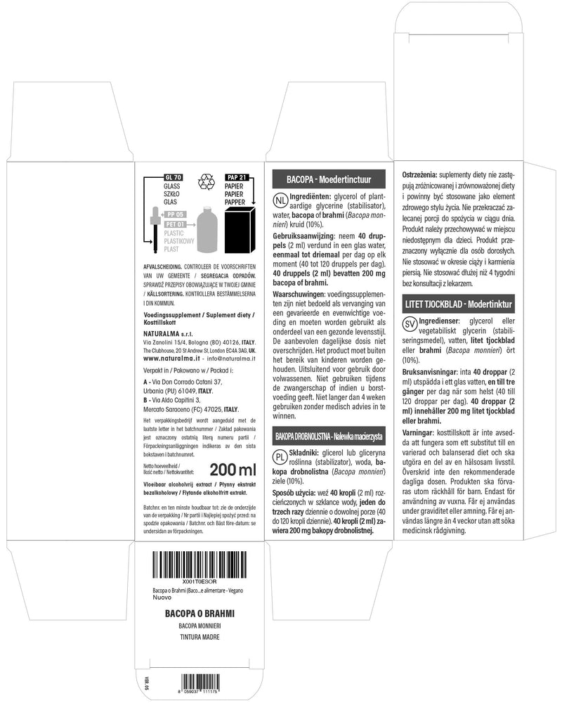 Bacopa or Brahmi (Bacopa monnieri) herb Alcohol-Free Mother Tincture Naturalma - Liquid Extract Drops 200 ml - Food Supplement - Vegan 200 ml (Pack of 1)