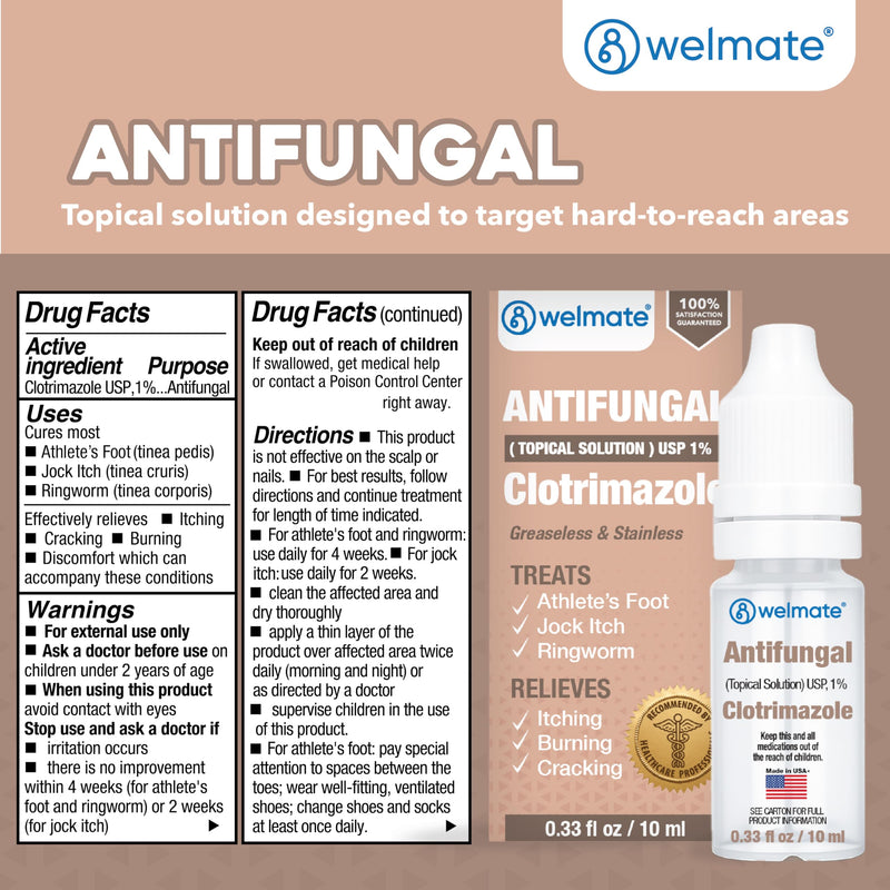 WELMATE Clotrimazole 1% Antifungal Topical Solution | 0.33 fl oz (10mL) Athlete's Foot, Jock Itch, Ringworm Treatment & Ear Drops, Greaseless Non-Staining, Fast Relief for Itchy, Burning Skin 1 Pack