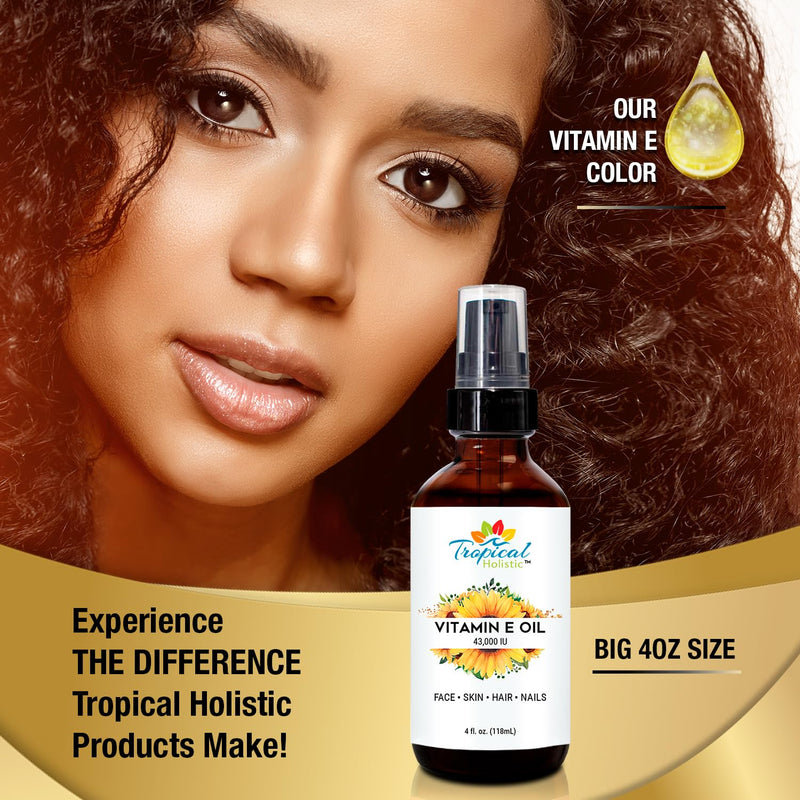 Pure Organic Vitamin E Oil 4 fl oz - 43,000 IU, 100% Plant Based Natural Moisturizer for Skin, Scars, Nails, Acne, Hair Growth, Wrinkles, Dark Spots