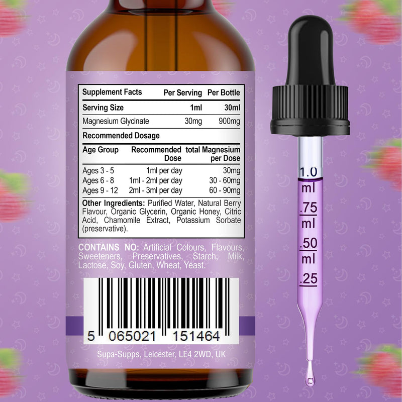 Kids Magnesium Glycinate 30ml - Berry Bedtime | Supa Supps Liquid Magnesium Glycinate 3-in-1 Drops Support Relaxation, Calm, Balanced Energy, Focus & Growth | Easy Daily Supplement 1 Months Supply