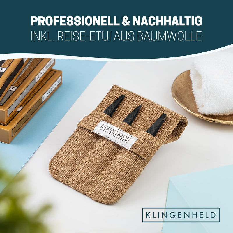 [Australia] - KLINGENHELD® professional tweezers set with ComfortGrip tips & anti-slip handle - maximum hold & highest precision - including cotton case 100% plastic-free & sustainable - tweezers for plucking eyebrows black 