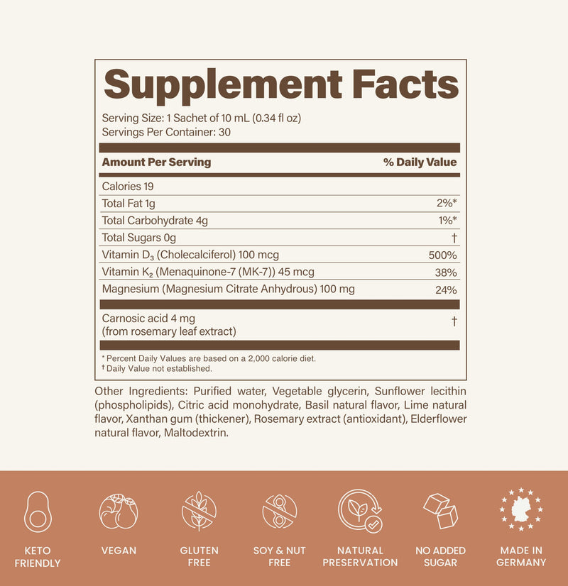 Liposomal Vitamin D3 K2 Magnesium | High Strength 100 mcg Vitamin D3, MK-7 K2 & Magnesium Citrate | Immune, Bone, Muscle & Teeth Support | Vegan Liquid Drops, High Absorption | 30 Sachets