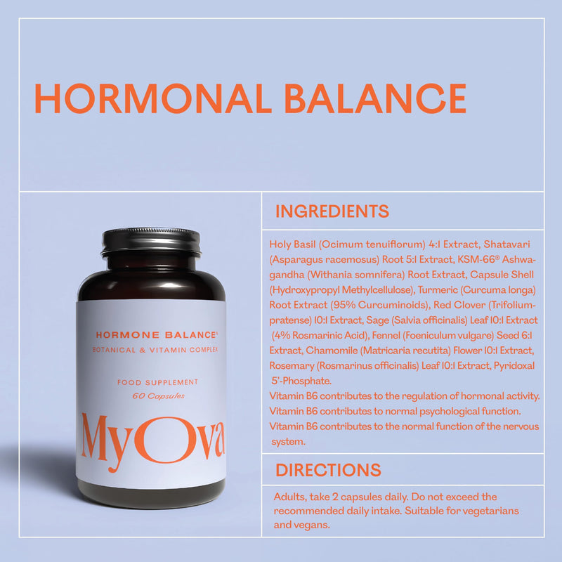 MyOva Hormone Balance Supplement - A Plant-Powered Supplement for Women’s Hormonal Support - Vitamin B6, Ashwagandha, Shatavari Root & Turmeric Extract - 60 Vegan Capsules - UK Manufactured