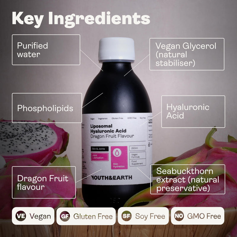 Youth & Earth Liposomal Hyaluronic Acid Liquid - Pure Hyaluronic Acid Supplements for Natural Skin Hydration & Joint Supplements for Men & Women - 100% Vegan Formula Dragon Fruit Flavor - 250ml