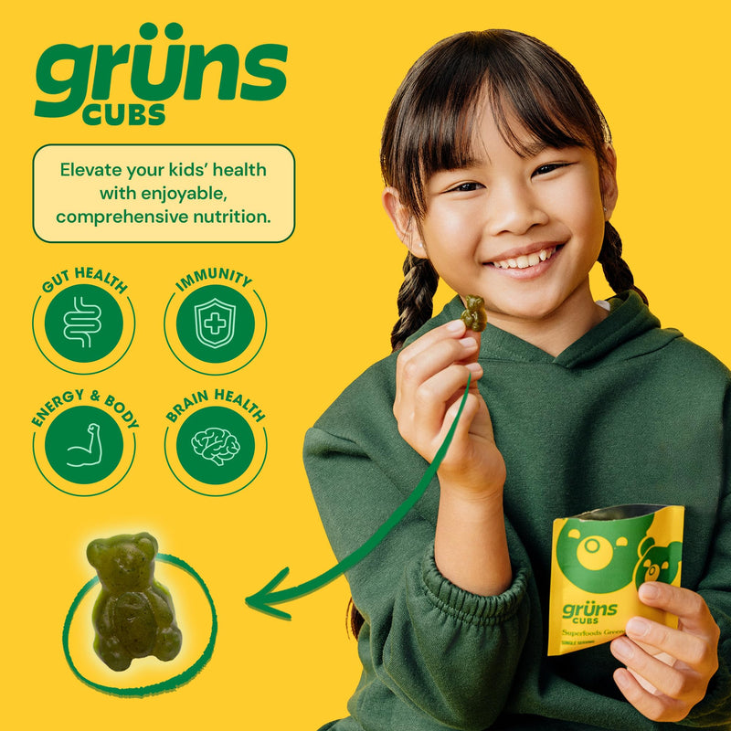 [Australia] - Gruns Kids Vitamins, Super Greens Gummies - Superfood Gummy Bears with Spirulina, Chlorella, 20+ Vitamins & Minerals, Prebiotics Fiber for Digestive Health, Adaptogens Supplement, 28 Day Supply Low Sugar 