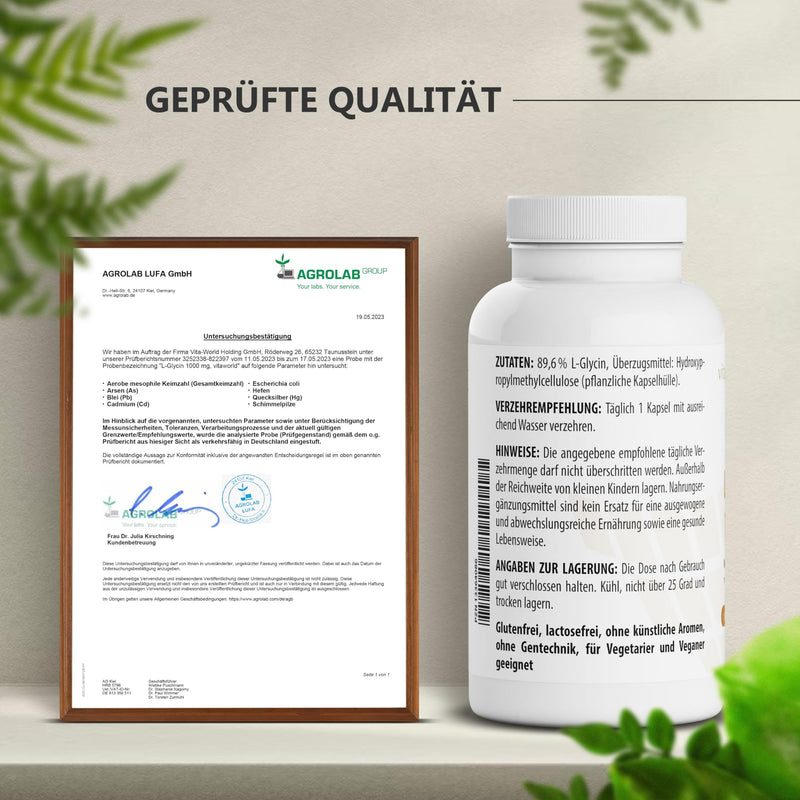 [Australia] - L-glycine - high-dose glycine 1000 mg per day (120 vegan capsules) - 4-month supply - building block for proteins - naturally sweet - without unwanted additives, gluten-free and lactose-free - vitaworld 120 pieces (pack of 1) 