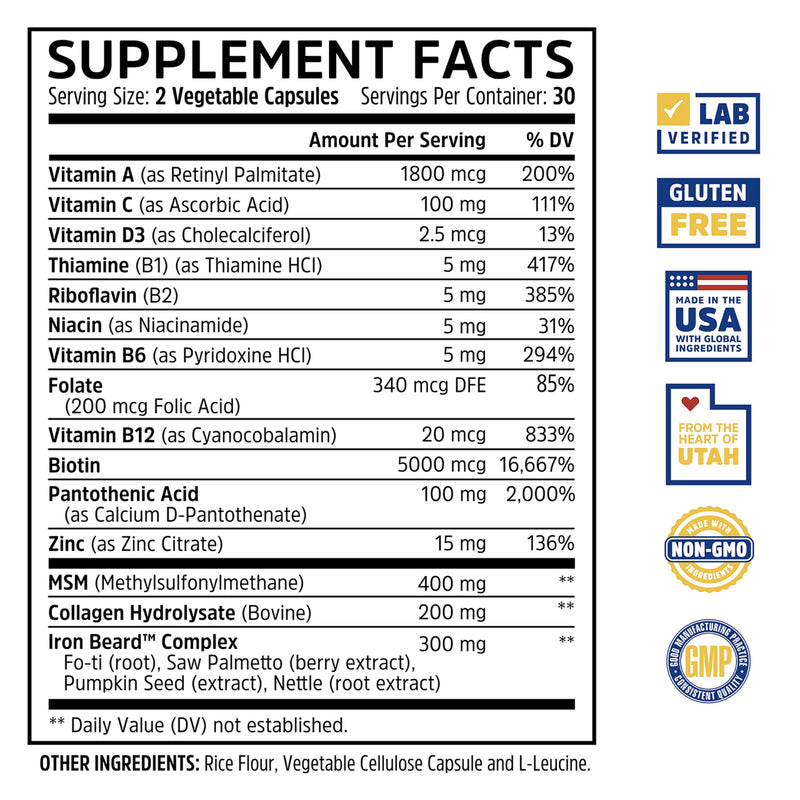 Zhou Iron Beard - Beard Growth Vitamins Men - 60 Veggie Capsules | Premium Biotin, Saw Palmetto & B Vitamin Pills to Support Facial Hair, Care Supplement for Full Beard