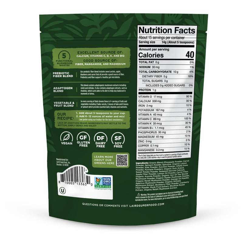Laird Superfood Prebiotic Daily Greens Powder – Essential Vitamins & Minerals - Prebiotic Fiber, Adaptogen and Fruits & Vegetables – Supports Gut Health – Non-GMO, Vegan - 7.4 oz Bag, Pack of 1 7.4 Ounce (Pack of 1)