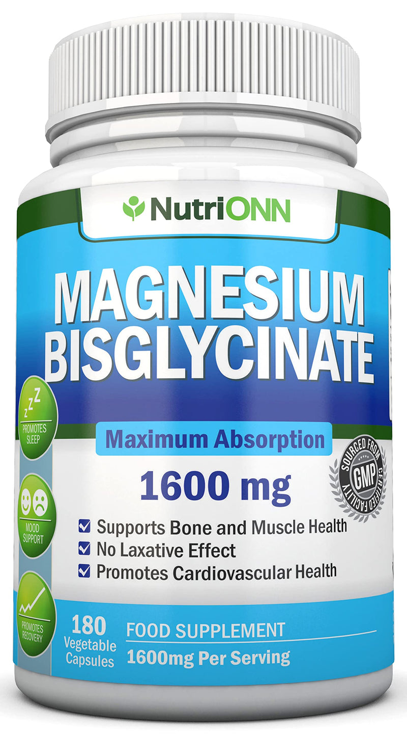 Magnesium Bisglycinate - 1600 mg - 180 Vegan Capsules - High Absorption - Chelate Vegan Supplement - High Bioavailability Pills - Great for Sleep, Anxiety, Heart Health, Muscle Cramps and Bones