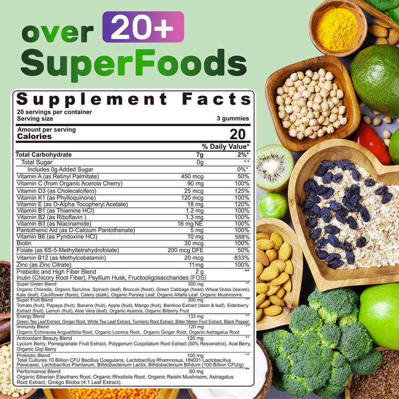 [Australia] - Super Greens Gummies, Greens Superfood Powder Alternative w/Spirulina, Chlorella, Prebiotic Fiber, Probiotic, Fruit Veggie, Daily Fruit Vegetable for Digestive & Gut Health, Immunity, Focus, 120 Cts 60 Count (Pack of 2) 