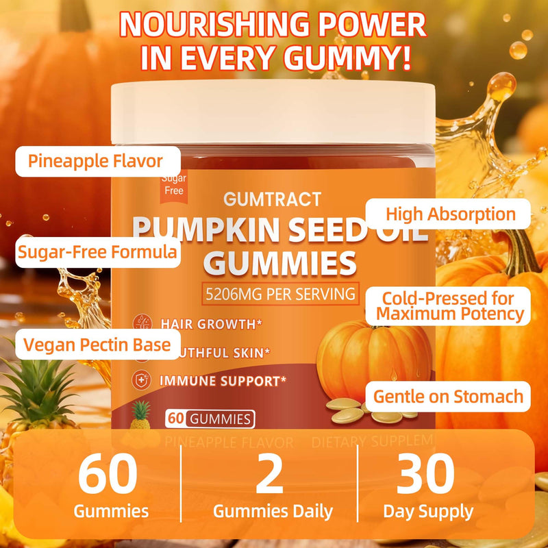 Pumpkin Seed Oil Gummies with Saw Palmetto | 5200mg Cold-Pressed Extract for Hair Growth, Prostate & Skin Health | Sugar-Free Pumpkin Oil Supplement for Men & Women | Pineapple Flavor, 120 gummies 60 Count (Pack of 2)