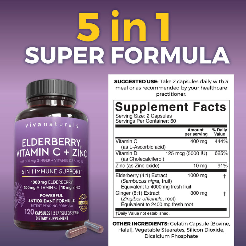 Viva Naturals Elderberry with Vitamin C and Zinc for Adults - 5 in 1 Sambucus Black Elderberry Capsules with Vitamin D3 5000 IU Immunity Supplement, Sambucus Elderberry Immune Support Supplement 120 Count (Pack of 1)
