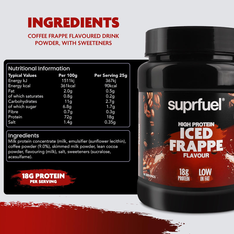 High Protein Coffee Frappe Mix – 400g - 18g Protein, Only 0.5g Fat - Low Calorie, Low Sugar - Instant Iced Frappe Drink Powder with Coffee & Lean Cocoa