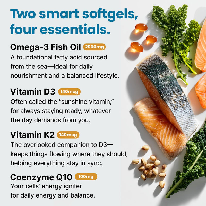 PrimeMD 4-in-1 Fish Oil Omega-3 with D3 K2 CoQ10, Lemon, 120 Softgels | Heart, Brain and Joint Support, Omega 3 with Vitamin D3, K2 and CoQ10 Fish Oil Supplement (Pack of 3) 120 Count (Pack of 3)