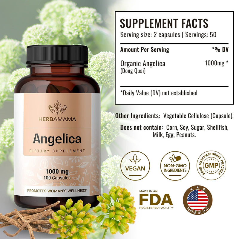 [Australia] - HERBAMAMA Angelica Root Capsules - Organic Dong Quai Root Capsules - Angelica Root Powder Vegan Supplement - Dong Quai Herb Pills - 1000mg 100 Caps 
